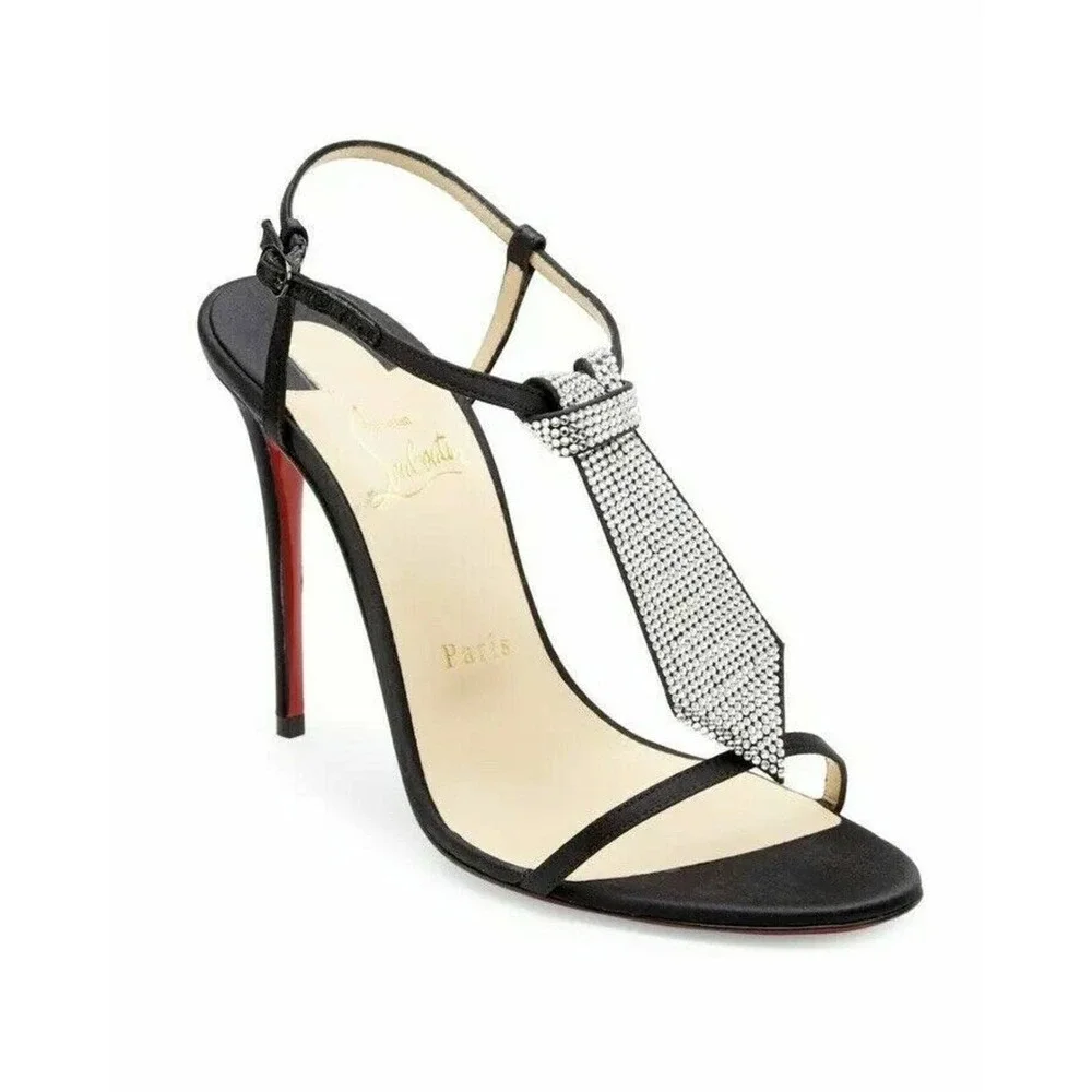 NIB LOUBOUTIN T CAB 100 BLACK CREPE SATIN JEWELED TIE ANKLE STRAP PUMPS 40.5 - Picture 6 of 12